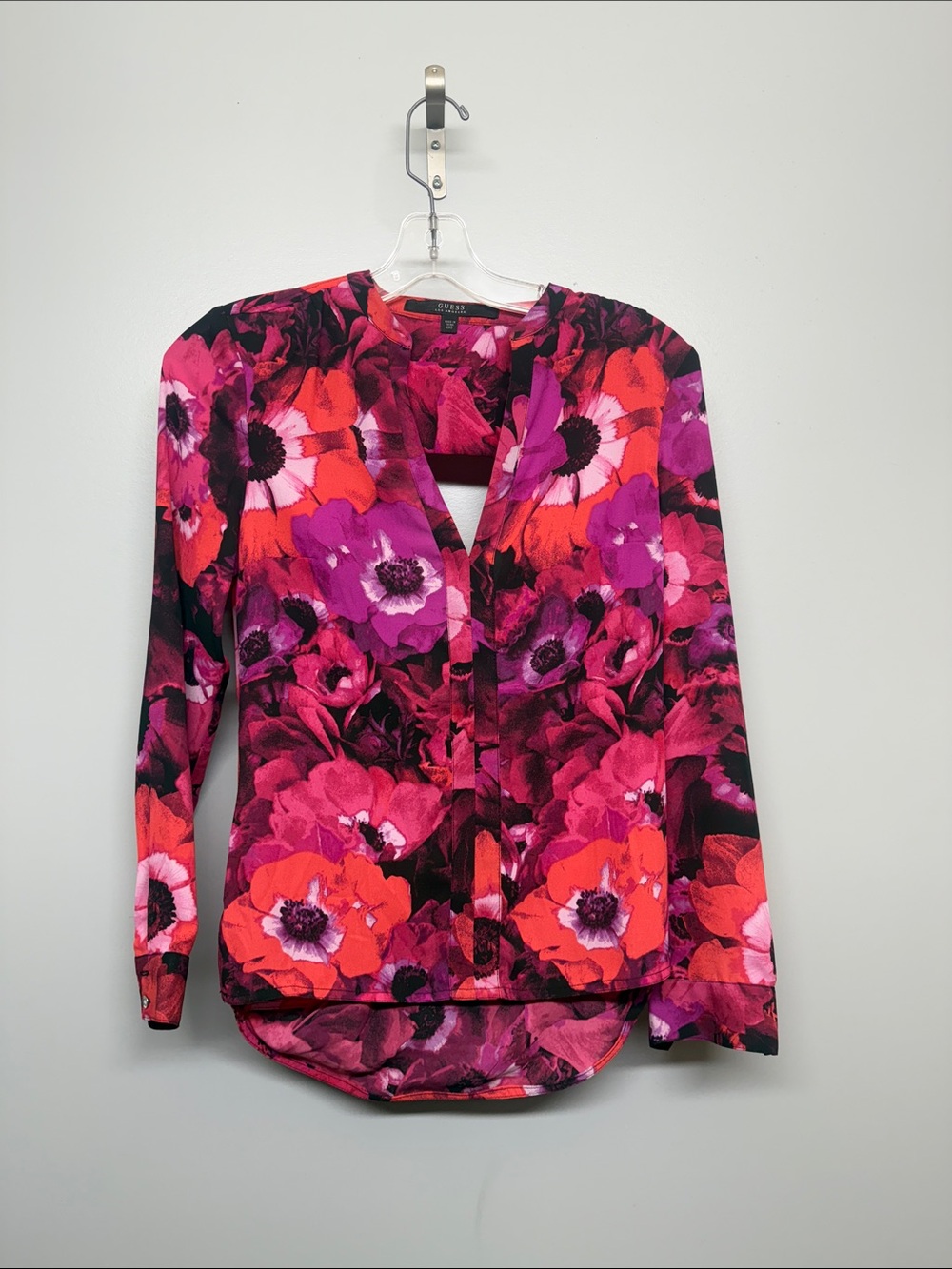 Guess Fuchsia and Black Floral Cut Out Wrap Blouse